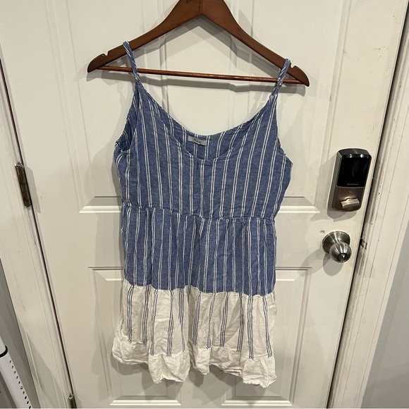 Rails Mattie Tiered Linen Ruffle Mini Dress: Mixed Blues Chambray Stripe - Picture 3 of 6
